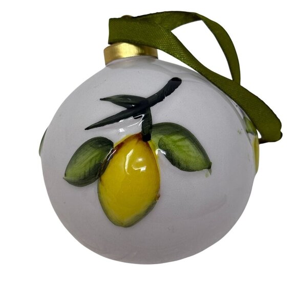 Hand-Painted Ceramic Lemon Ornament Green Ribbon Christmas Bulb Ball White - Picture 3 of 5